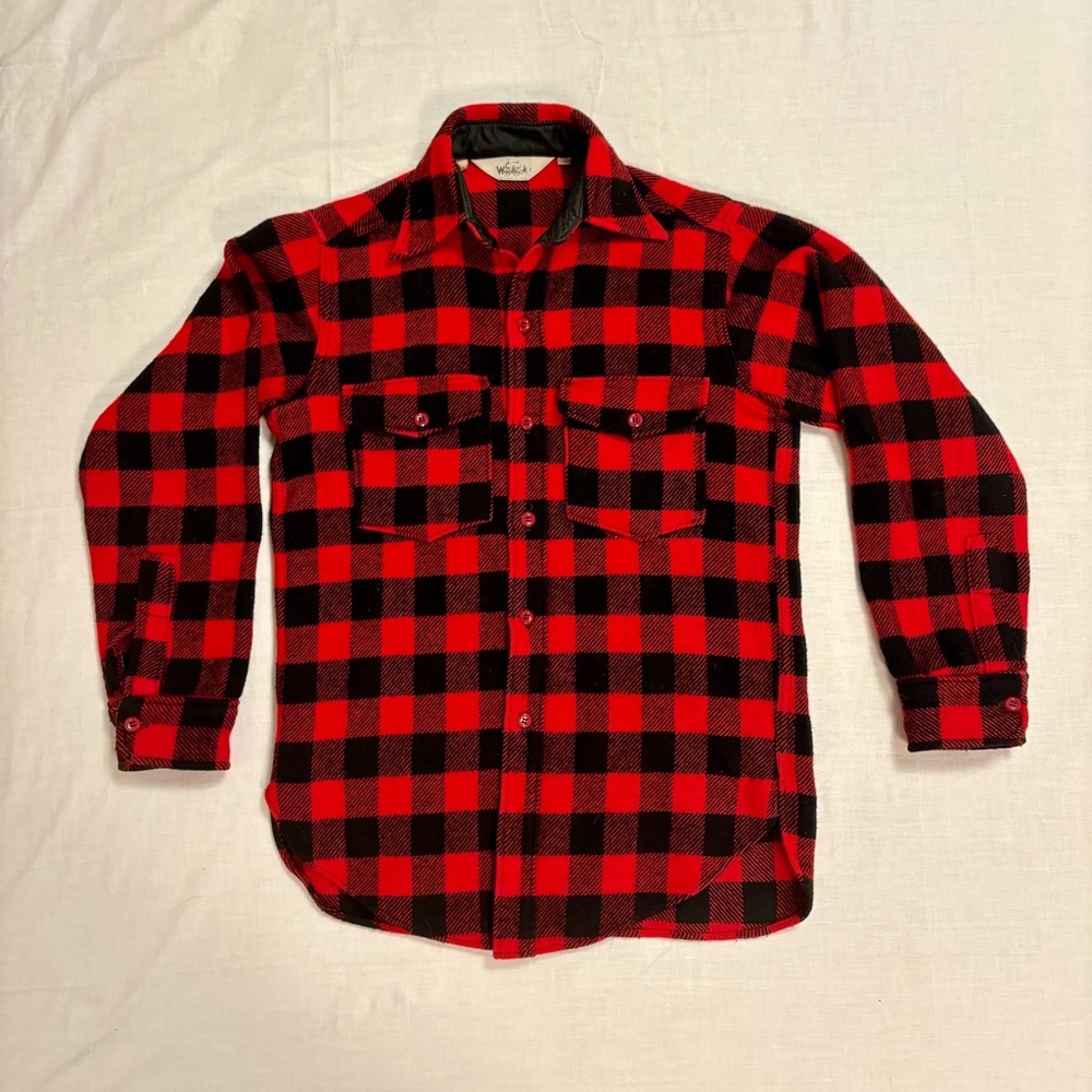 Vintage wool red and black checked Woolrich hunting plaid jacket.
